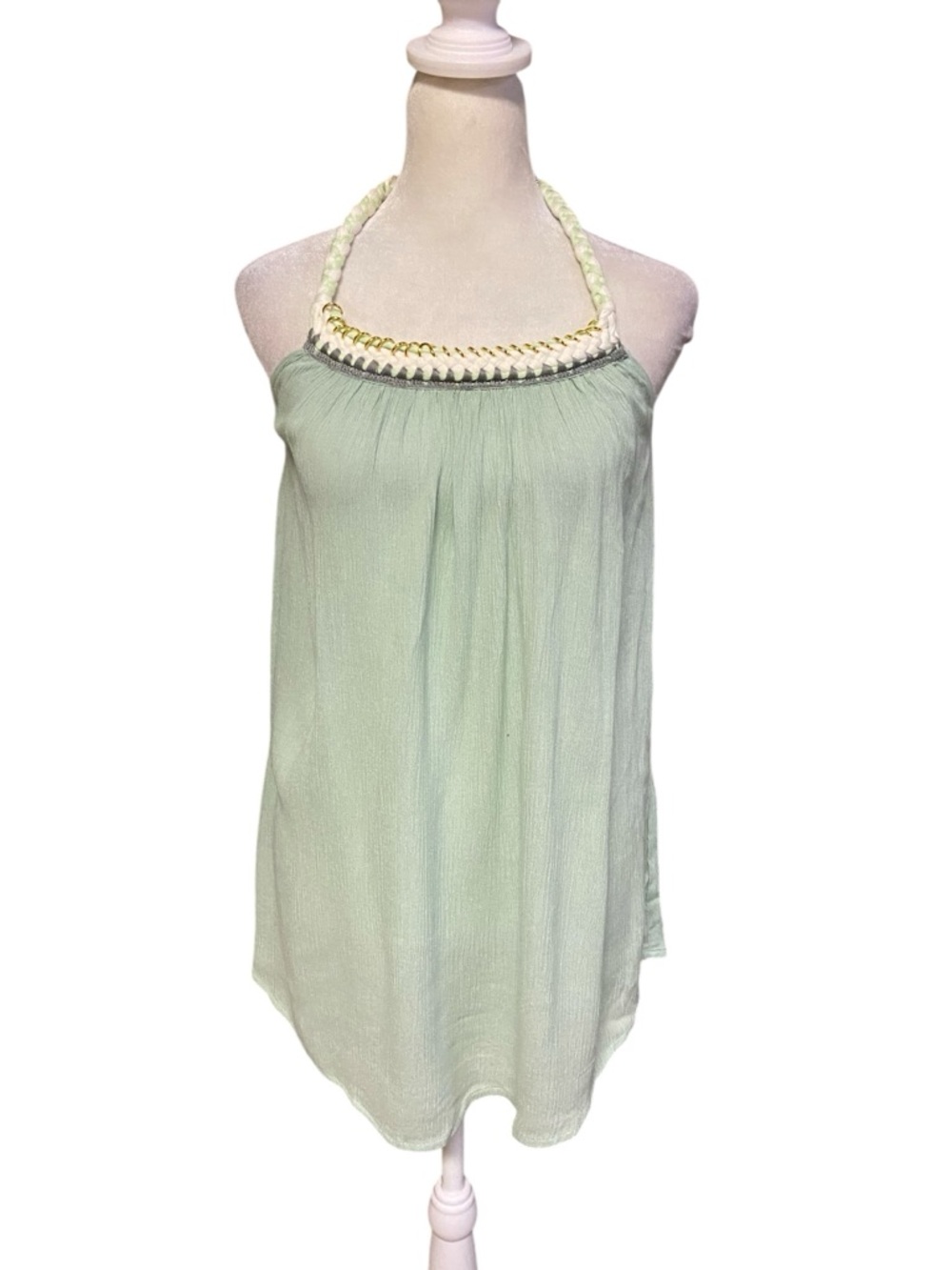 Griffin Paris halter tunic Size M braided neckline gold chain accent Pistachio - Picture 4 of 13